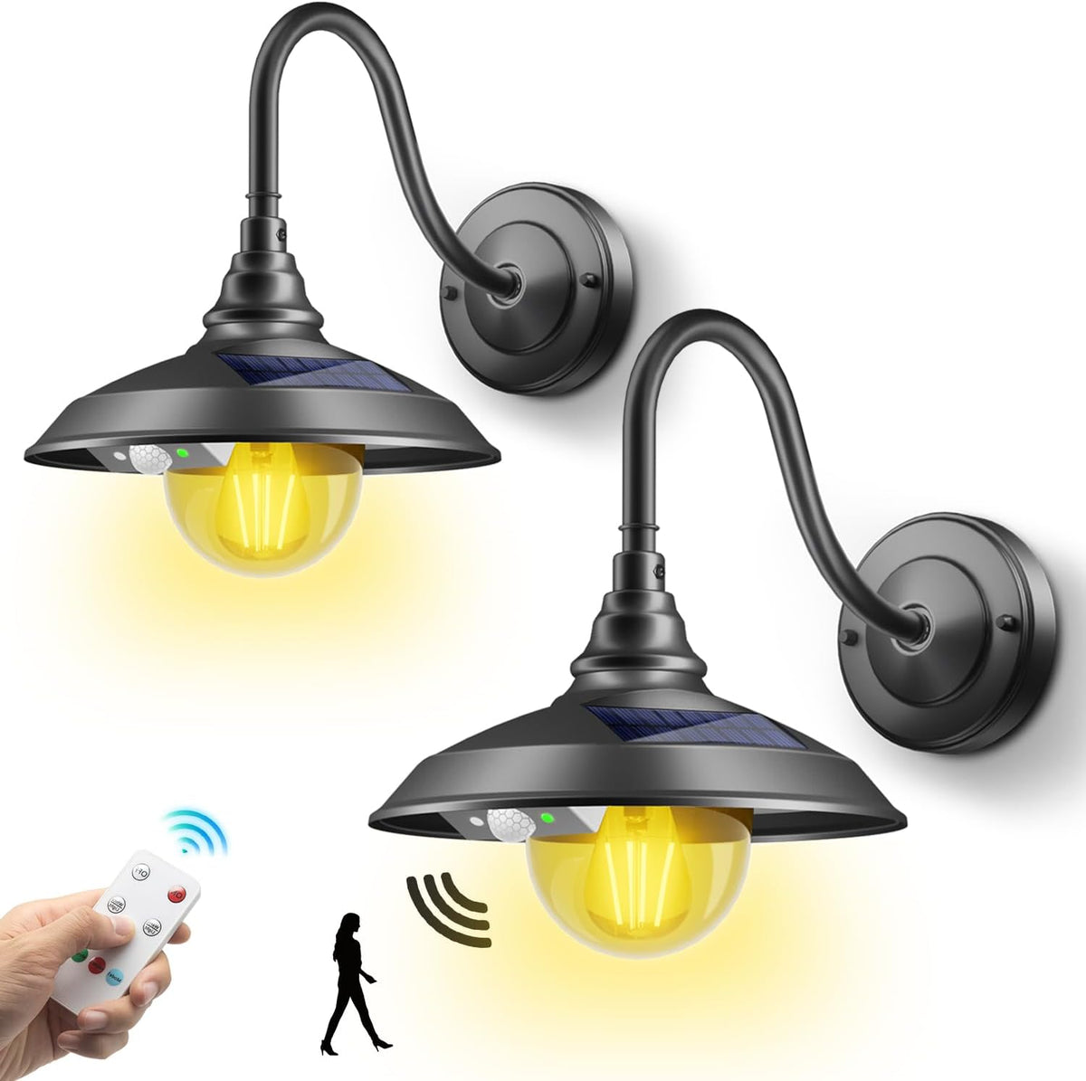 SIEDiNLAR Solar Barn Light Outdoor 3 Modes 2 Lighting, Aluminum Vintage Farmhouse Gooseneck Wall Light Waterproof with Remote & Motion Sensor for Barn Garage Shed Porch Chicken Coop Black (2 Pack)