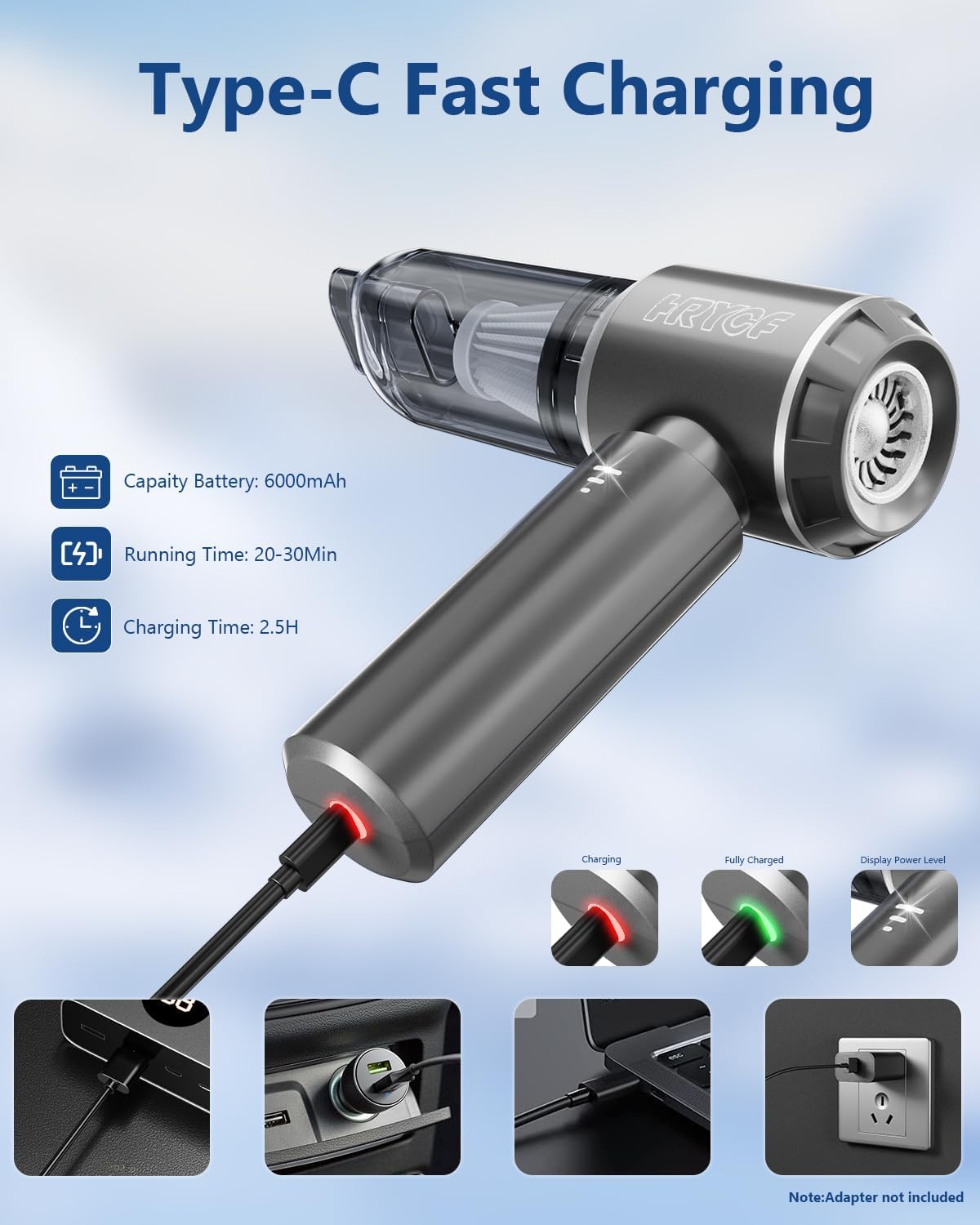 Car Vacuum Cordless, Mini Portable Vacuum Cordless for Car, 4-in-1 20000PA High Power Portable Rechargeable Vacuum Cleaner with Brushless Motor, Small Handheld Vacuum & Air Blower & Pump-Grey