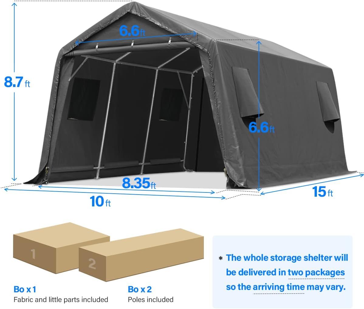 ADVANCE OUTDOOR 10X15 ft Garage Shelter Steel Metal Peak Roof Portable Storage Shed Carport for Motorcycle Boat, or Garden Tools with 2 Roll up Doors & Vents, Gray
