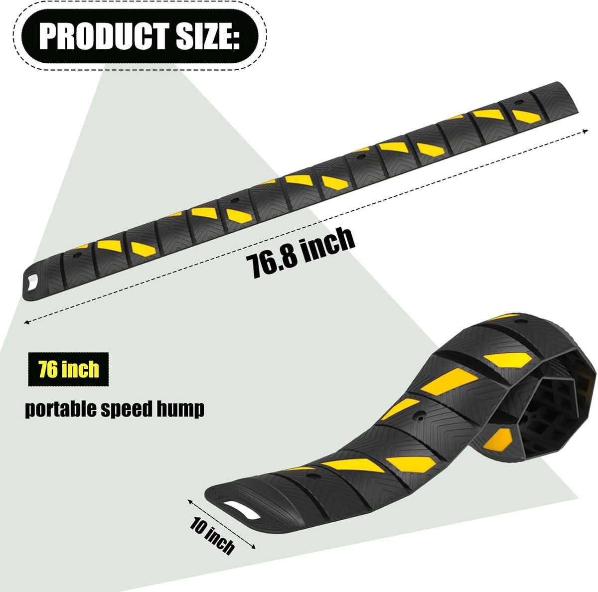 76"x10"x 2" Portable Rubber Speed Bump Reflective Yellow-Black,Quick to fold, Unfold, and Secure for Road use. Suitable for Asphalt Cement Gravel Roads Parking Lots garages Schools and Other Areas.