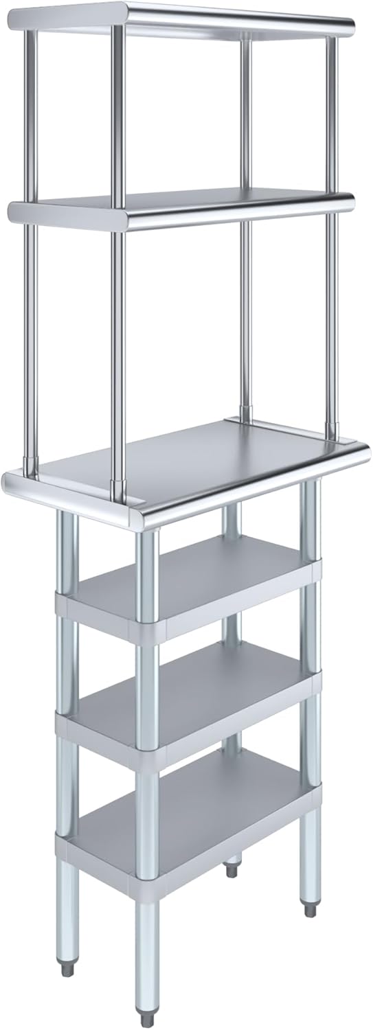 Amgood 14" x 24" Stainless Steel Work Table with 3 Shelves and 12" Wide Double Tier Overshelf | Metal Kitchen Prep Table & Shelving Combo | NSF