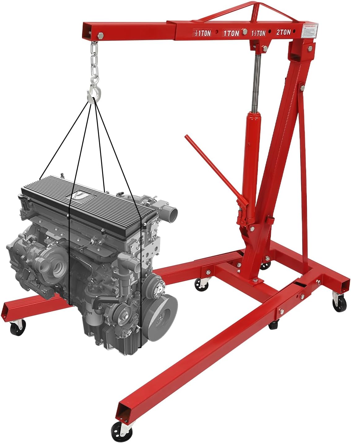 Folding Engine Crane 2 Ton Folding Engine Hoist 4400lbs Crane Hoist Lift with 6 Iron Caster Wheels for Garage, Workshop (Red)