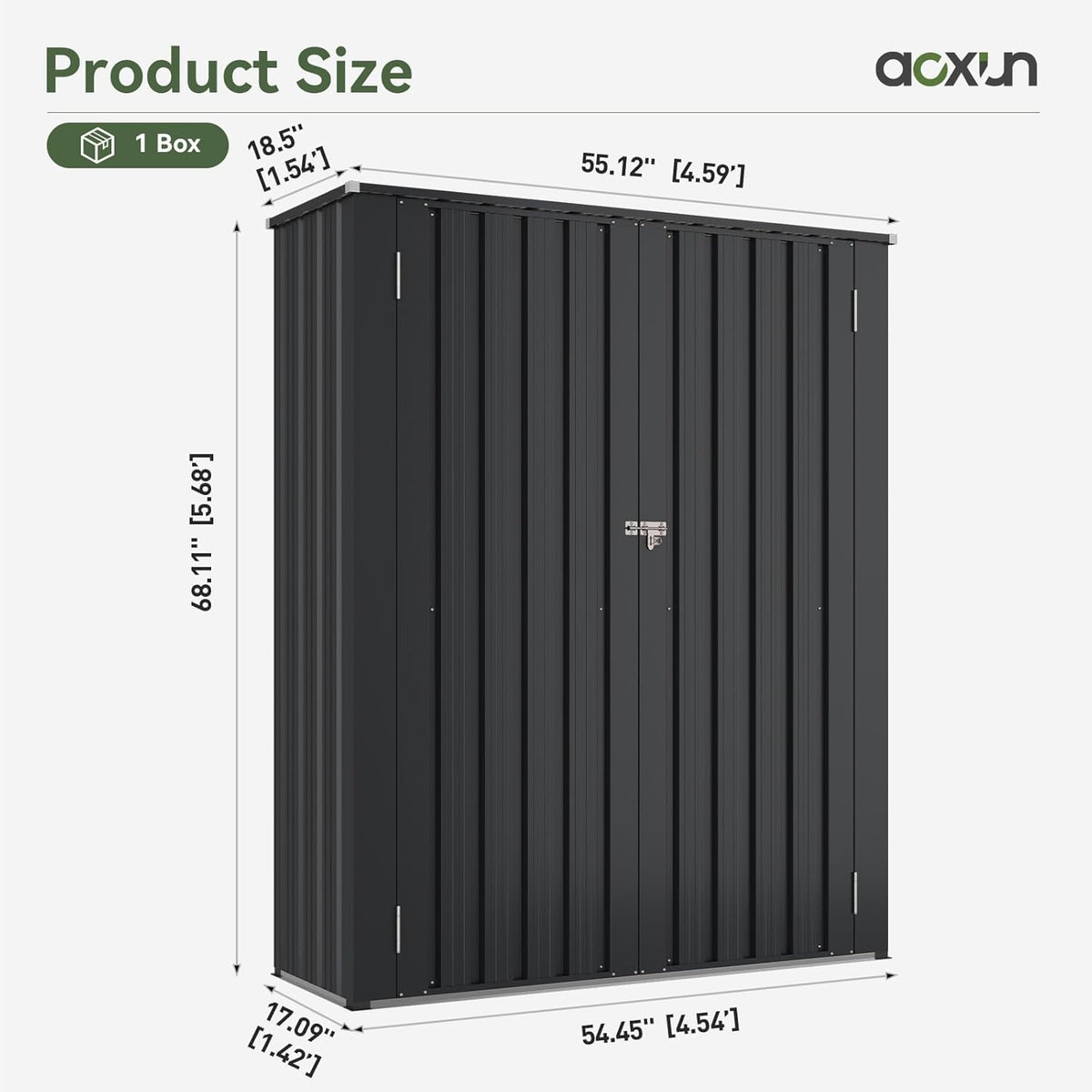 Aoxun 55x19 in Outdoor Storage Cabinet Metal Garden Shed with 2 Adjustable Shelves 3 Layer Indoor& Outdoor Waterproof Vertical Storage Shed for Patio Garden, Garage, Porch (Black, 40 Cu.Ft)