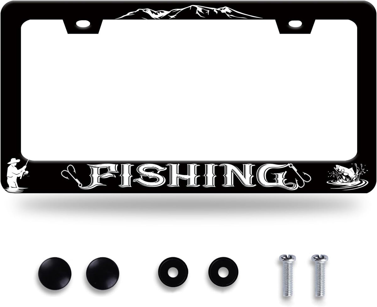 Fishing License Plate Frame Personalised License Plate Stainless Steel Funny Fish License Plate Holder for Men Women Universal Black Car Accessories Decoration 12.3" x 6.3"