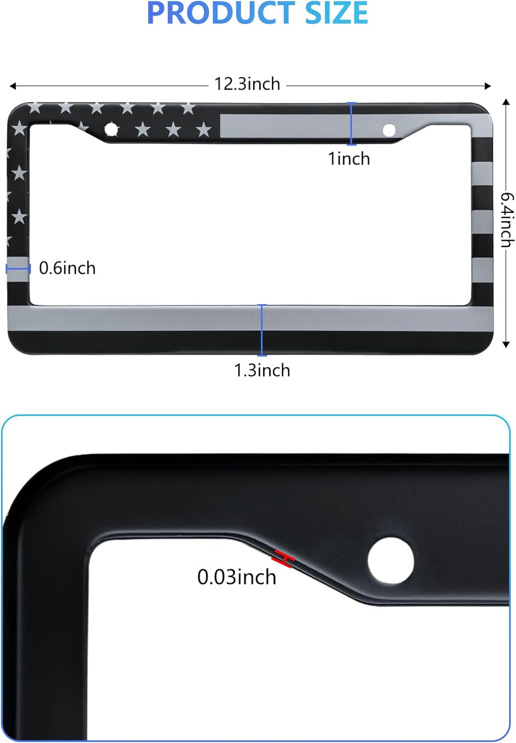 American Flag License Plate Frames - 2 Pack Black Stainless Steel Front Rear Car Tag Frames Printed with Patriotic USA Flag Pattern, with Decals Screws Caps