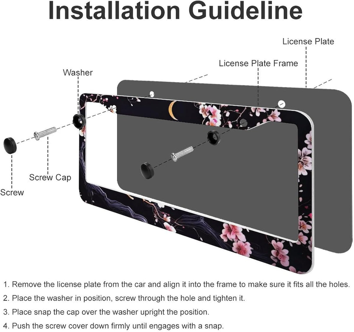 Flowers Plum Blossom Moon License Plate Frames - 2 Pcs Set 2 Holes Metal Aluminum Auto Car Accessories Decoration License Plate Frame 12.2 x 6.3 inch for Women Men Gift
