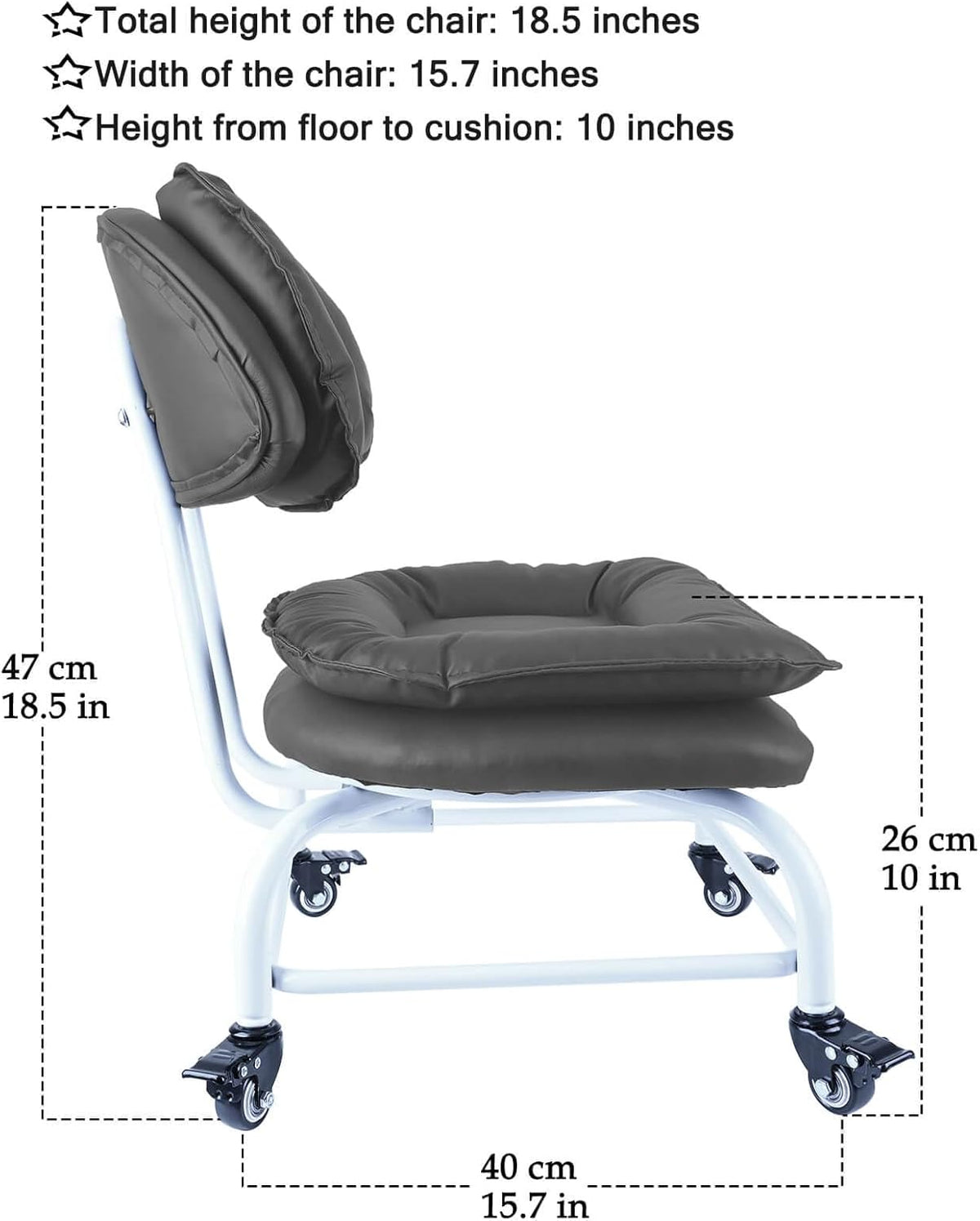 Rolling Stool Wide Seat with Back Rolling Chair 4 Wheels with Brakes for Home Office Garage Shop Waterproof Roller Seat Durable Steel Stand Dark Gray