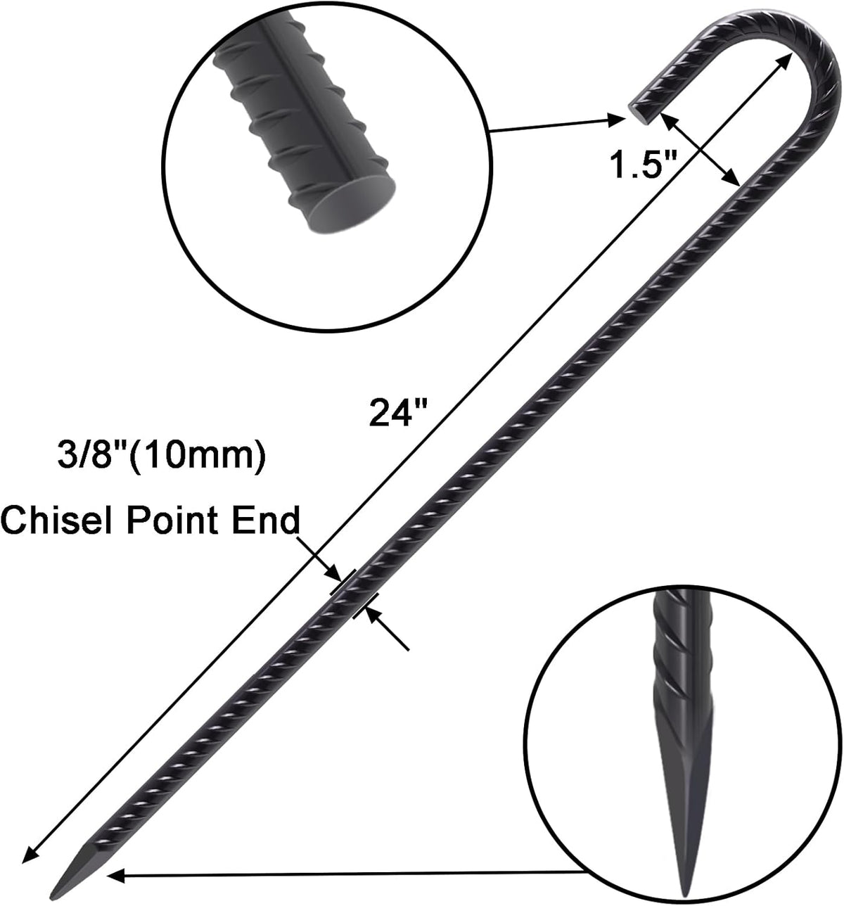 VVOKGO Rebar Stakes 24 Inch J Hook Heavy Duty Ground Anchors (16pcs), 3/8 Inch Diameter Metal Steel Extra Long Fence Stakes with Chisel Point End for Greenhouse, Gazebo, Carport, Camping Tents, Black
