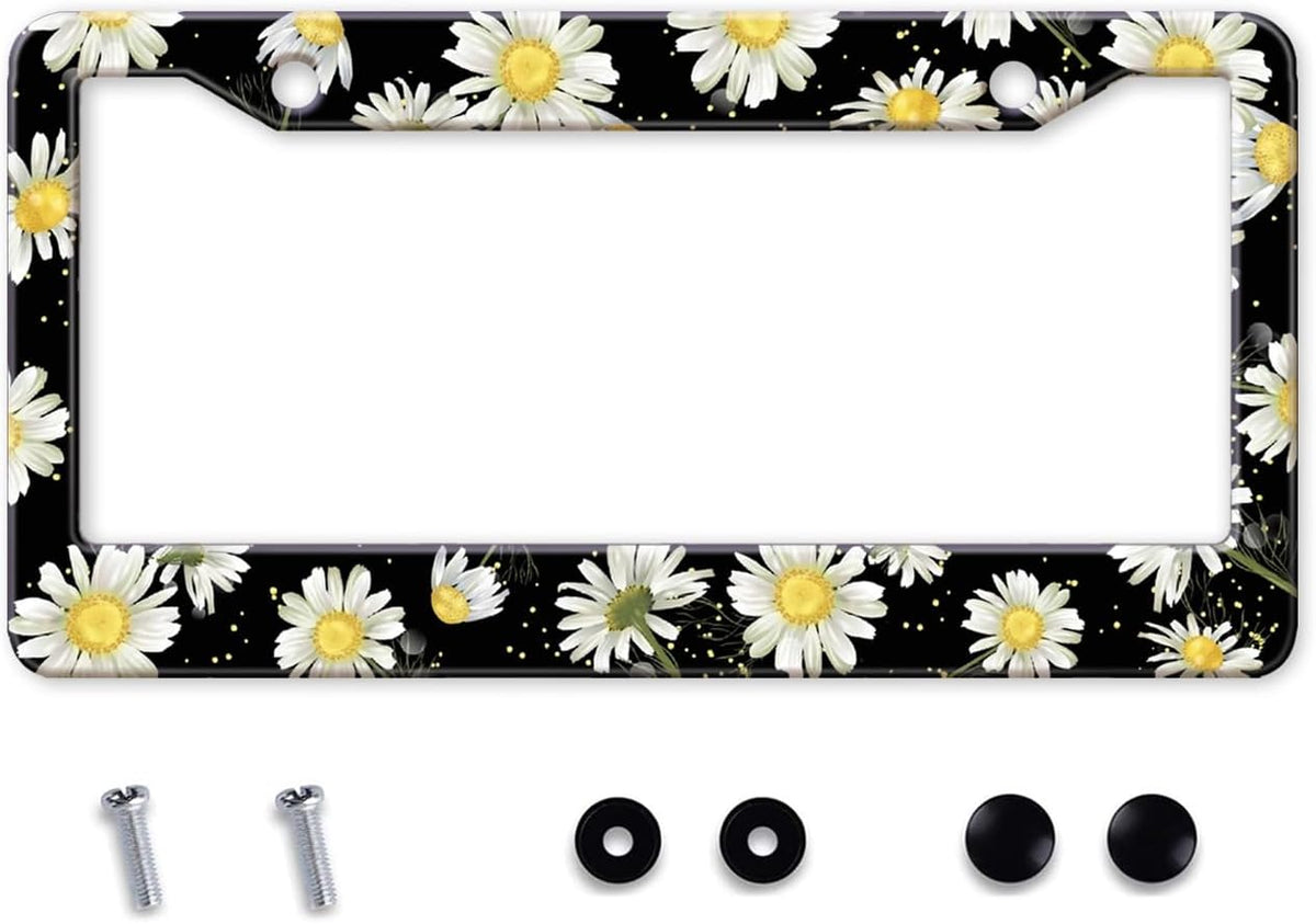 Daisy Flowers Car License Plate Frame, Flowers Print Tags Frames Holder Covers, Metal Aluminum Rustproof Car Accessories US Canada Standard with Screws for Women Men 6x12 Inch 2 Holes