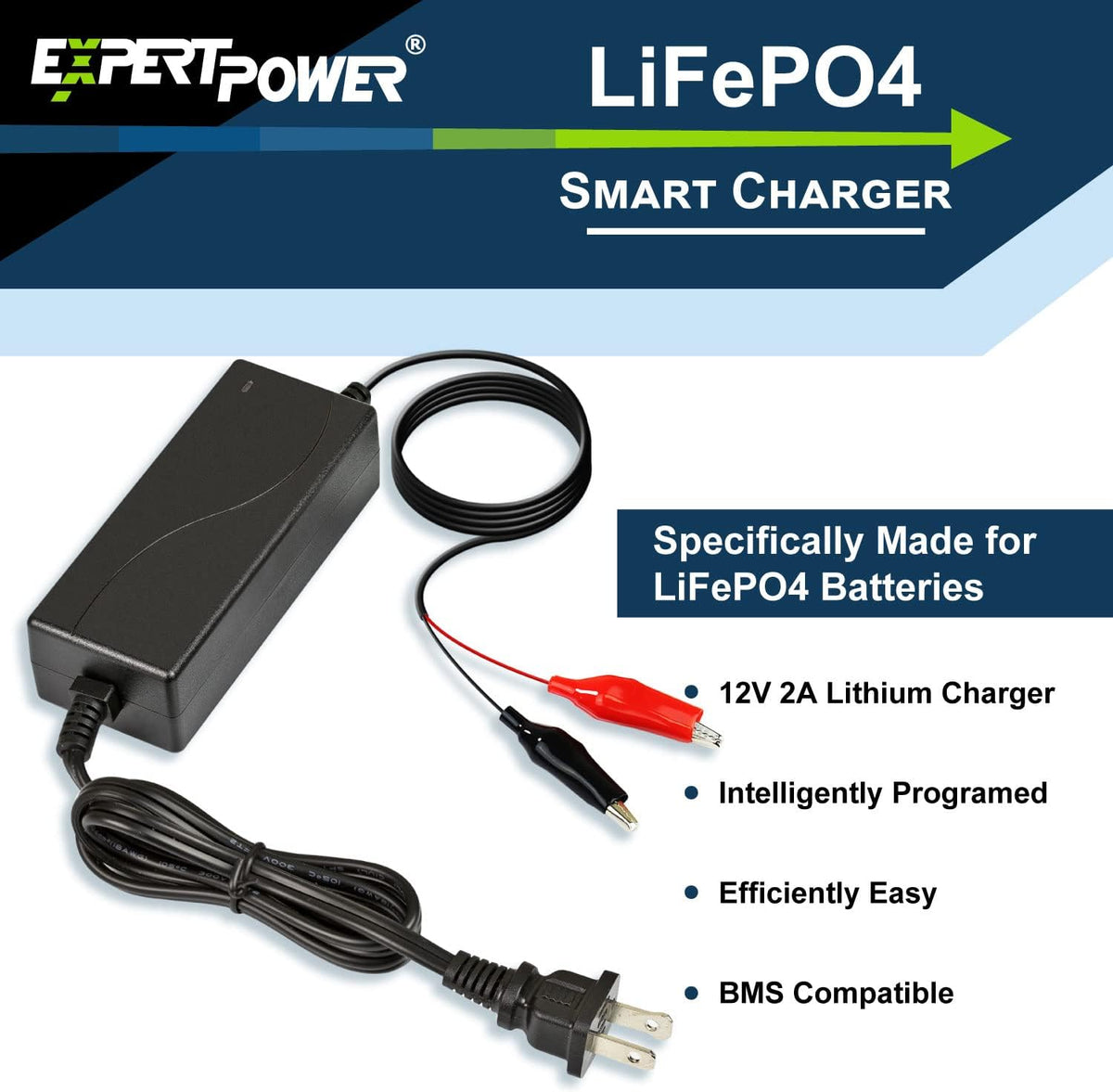 ExpertPower 12V 2A Smart Charger for Lithium LiFePO4 Deep Cycle Rechargeable Batteries [UL Listed]