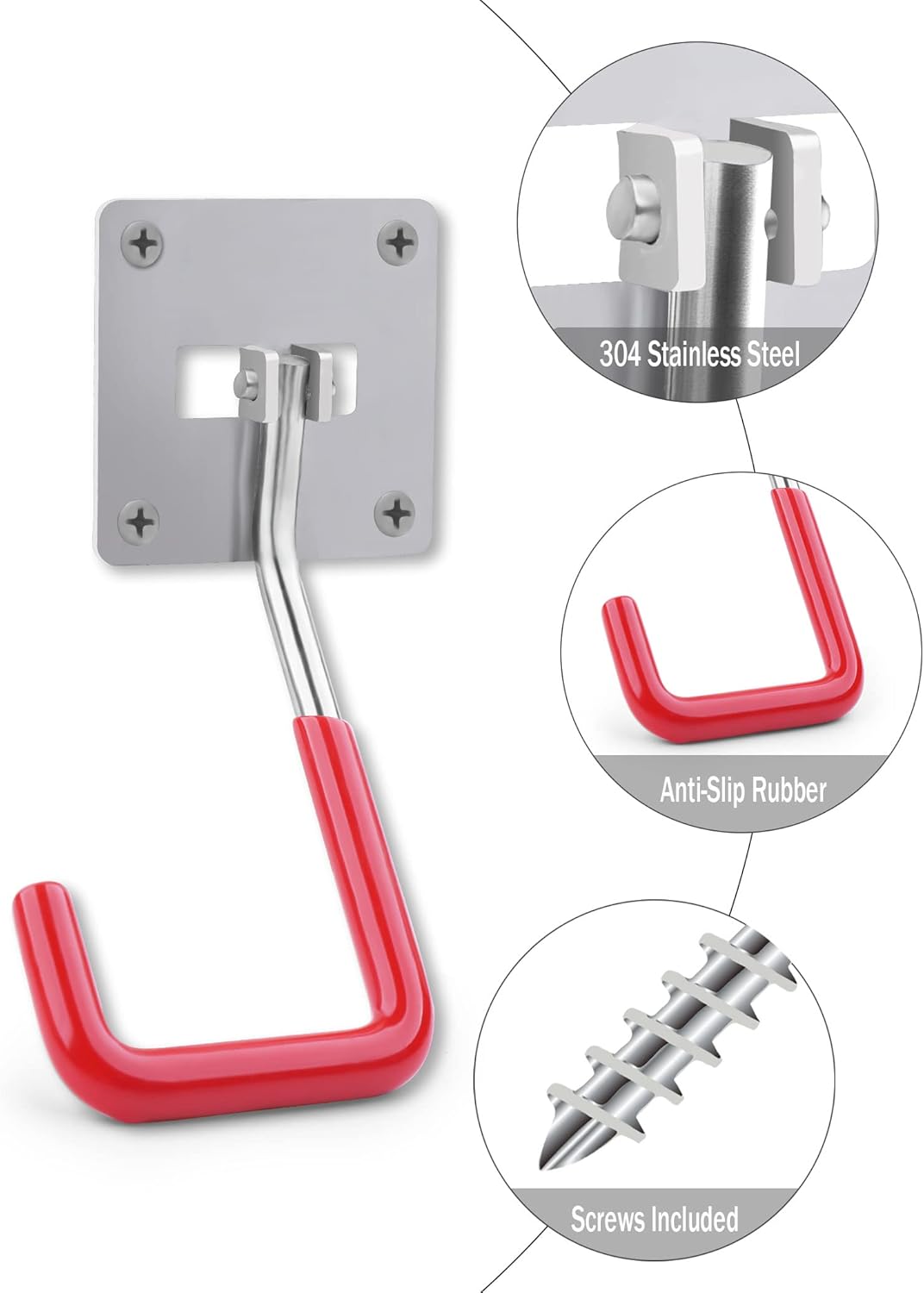 HAISHINE Garage Hooks, 2 Pack Adjustable Hooks for Wall Storage, Stainless Steel Heavy-Duty Utility Hooks with Anti-Slip Coating Organizing for Chainsaws, Bike, Garden Tools(Screws and Dowels Include)