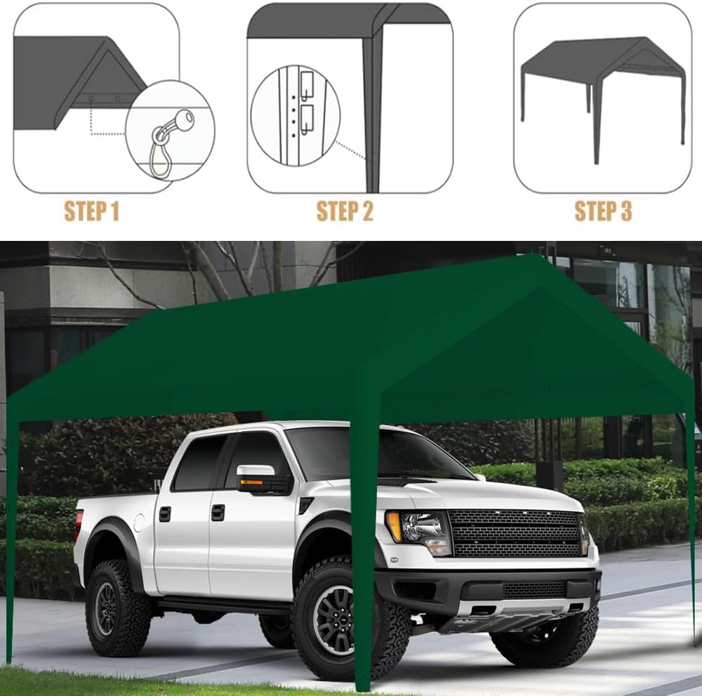 Rutile 10 x 20 FT Carport Replacement Cover, Heavy Duty Car Tarp Canopy Tent Garage Top Shelter With Fabric Leg Pole Skirts and Ball Bungees - Green (Only Top Cover, Frame Not Included)