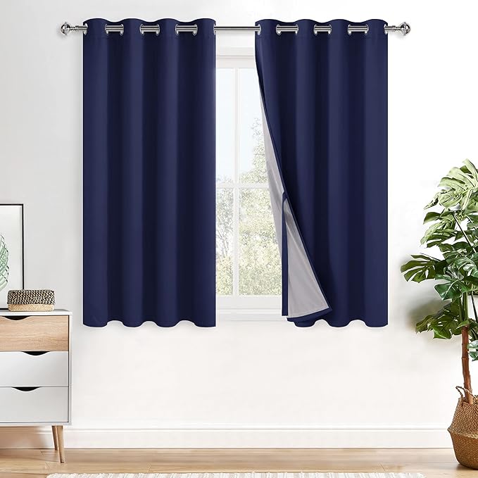 XWZO 100% Blackout Curtain Panels - Thermal Insulated Black Liner Curtains, Noise Reducing and Heat Blocking Drapes for Hall and Studio Windows with Tiebacks, Navy Blue, W52 x L54, Set of 2