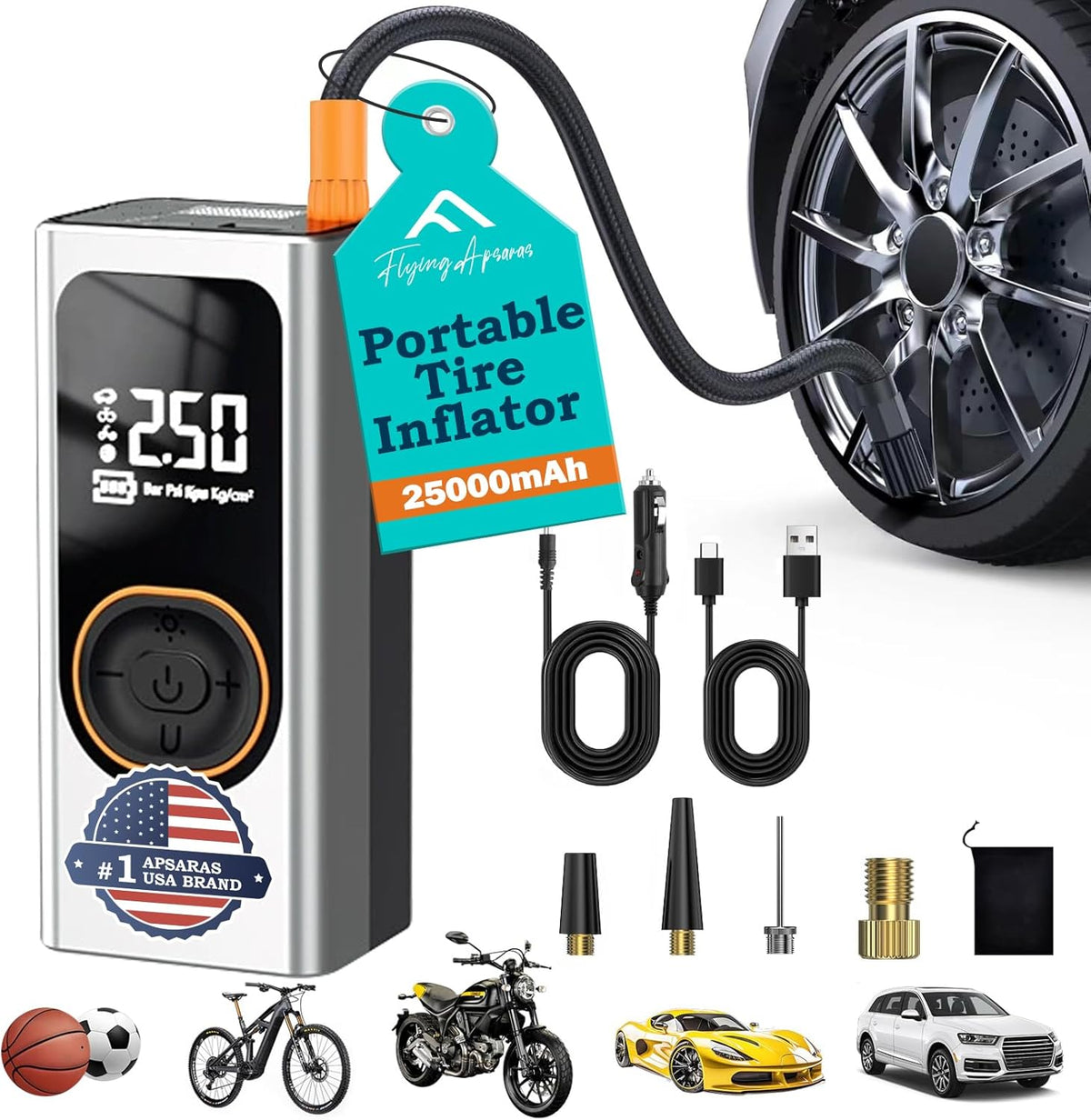 X9 Pro Portable Tire Inflator 1Min2X Faster 150PSI Air Compressor,25000mAh Portable Air Pump for Car Tires,Inflation Air Compressor with Digital Pressure for Car,Electric Bikes,Motorcycle,Ball