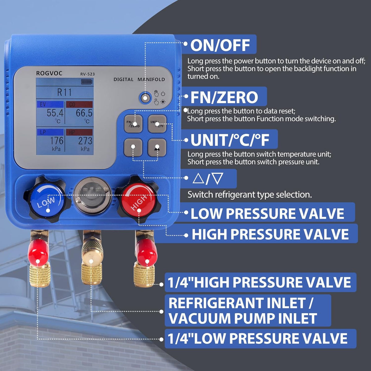 Digital Manifold Gauge Set, HVAC Pressure and Air Tightness Test Gauges, Refrigerant AC Gauges with 3 Hoses, for R22/R410A/R134A Refrigerant Recharge Kit