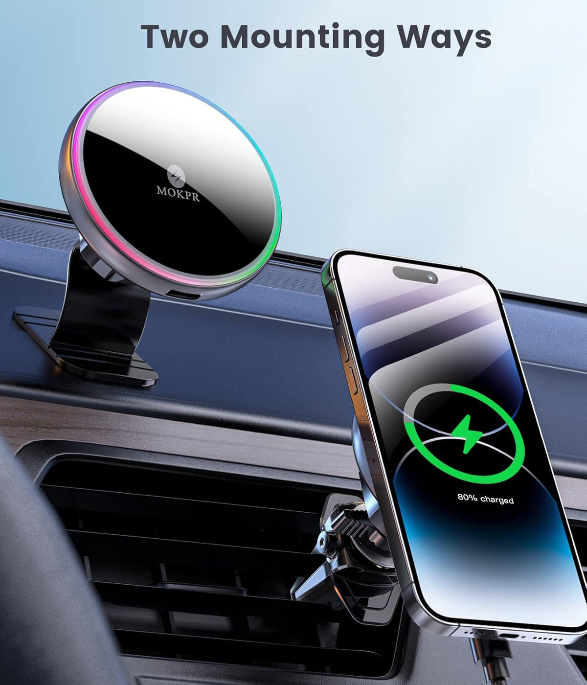 MOKPR for Magsafe Car Mount Charger-Wireless Car Charger-Magnetic Car Phone Holder for Dash Air Vent-LED RGB HandsFree Car Mount Fast Car Charger for iPhone 16 15/14/13/12 Series with QC 3.0 Adapter