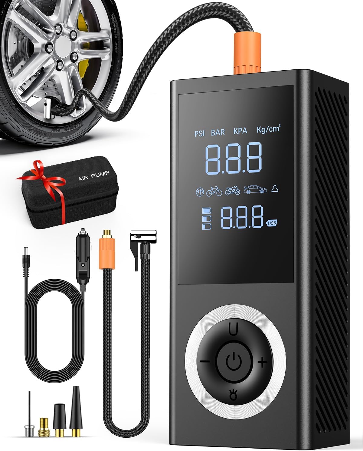Tire Inflator Portable Air Compressor, 150 PSI Smart Air Pump for Car Tires with Digital Pressure Gauge, LED Light, 12V Car Power Adapter, Storage Box
