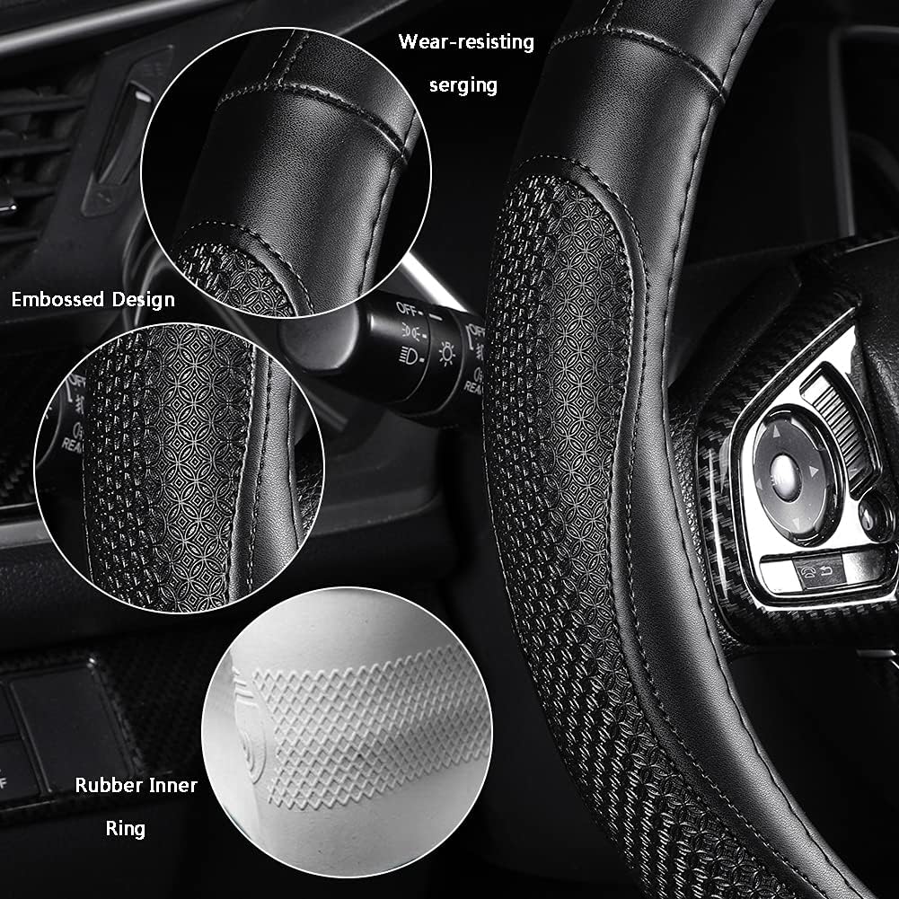 Leather Car Steering Wheel Cover 15 inch Universal Fit Microfiber Steering Wheel Cover Anti-Slip, Soft, Breathable, Full Surround Car Wheel Cover