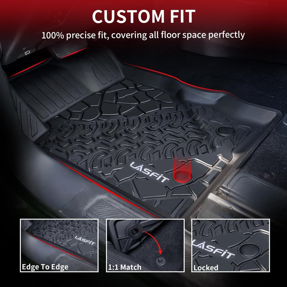 LASFIT Floor Mats for Ford Bronco 4-Door 2025 2024 2023 2022 2021(Not Fit Bronco Sport) TPE All Weather Protector Custom Fit SUV Floor Liners, 1st & 2nd Row, 3pcs Black