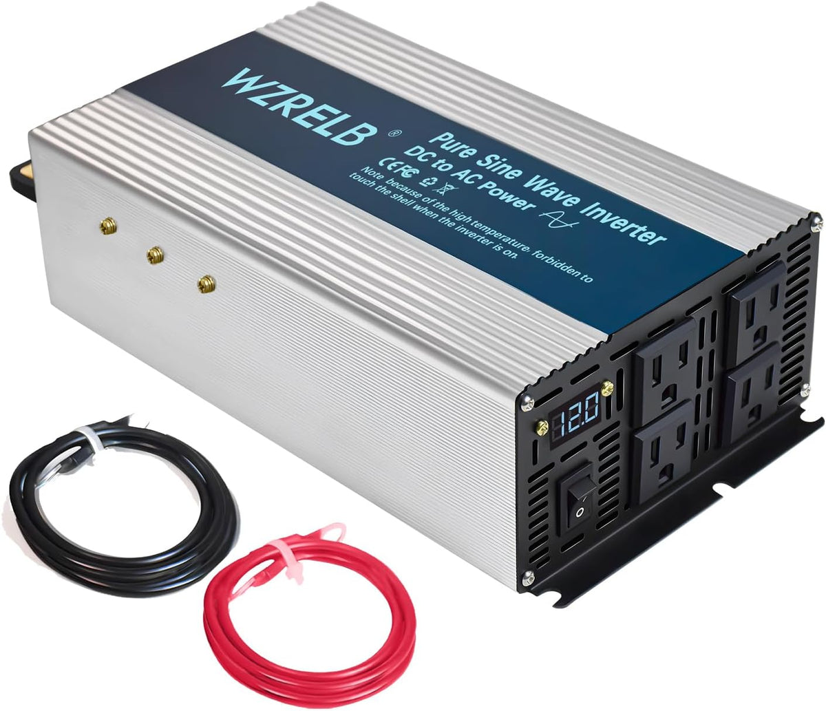 WZRELB 2000W Pure Sine Wave Inverter 12V DC to 110V 120V AC, Car Power Inverter with 4 AC Outlets, LED Display,Off-Grid Portable Power Converter for Home, RV, Truck, Camping