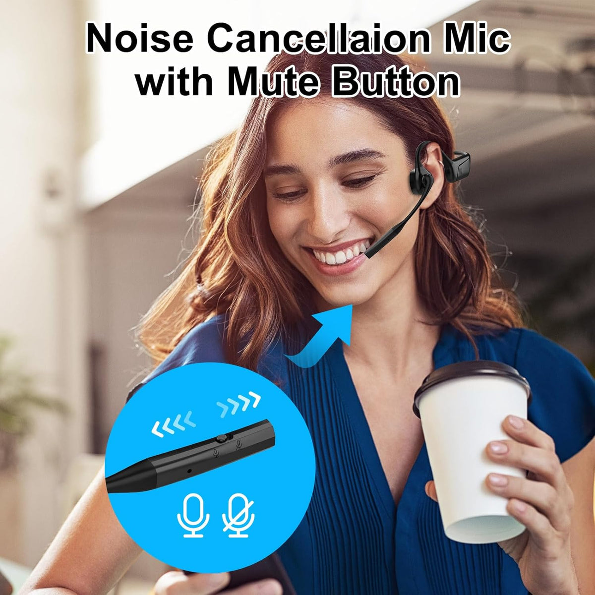Open Ear Bluetooth Headphones with Microphone, Noise Cancelling Wireless Headset with Mute Button, Supports aptX/aptX-LL/aptX-HD, Designed for Meeting, Home Office,Driving -Not Bone Conduction(Grey)