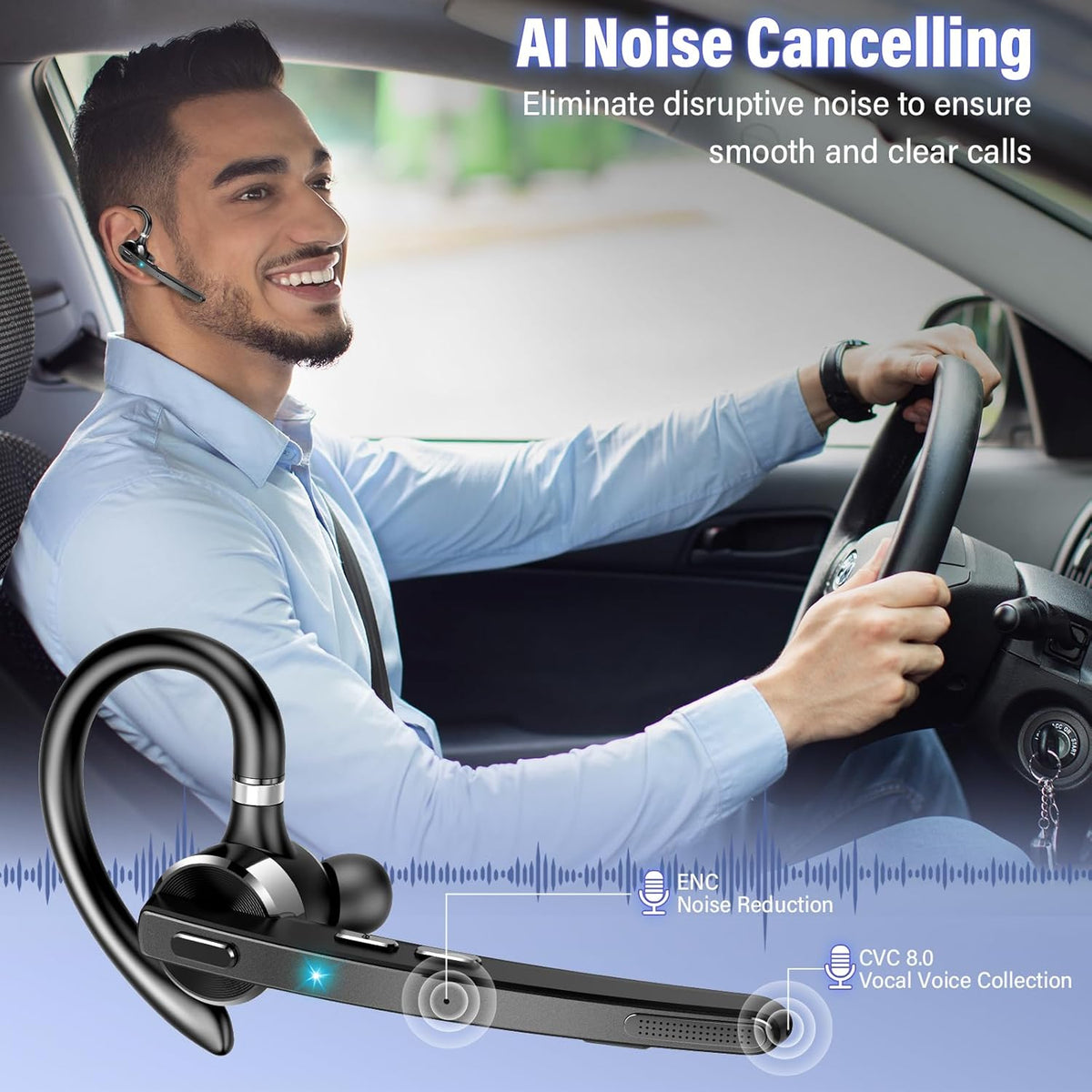 Bluetooth Headset, Wireless Bluetooth 5.3 Earpiece, 90Hrs Hands Free Headset with APTX HD Audio & Mute Button, Dual Noise Cancelling Mics, Single-Ear Headphone for Trucker/Business/Office/Gym