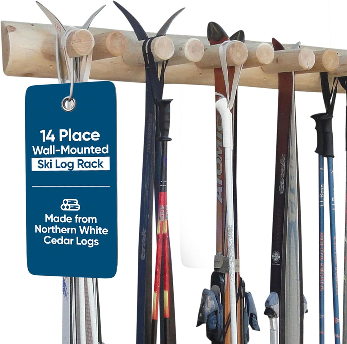 14-Place Log Ski Rack Wall Mount, Indoor Ski Storage Rack for Garage Organizers, Wooden Skis Wall Mount Storage Racks, Pole Skis Sports Racks, Garage Organization Walls - Unfinished