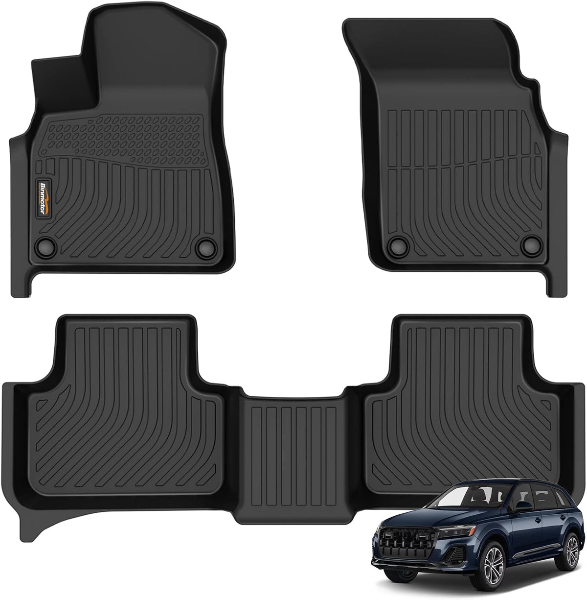Binmotor-All Weather Car Floor Mats for Audi Q7 & SQ7 2020-2025 / Q8 & SQ8 2019-2025,1st & 2nd Row, TPE Rubber Liners for Audi Q7 Q8 Accessories Mats Trunk Mats-Black