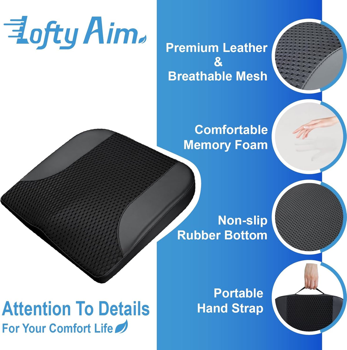 Car Seat Cushion, Comfortable Memory Foam Seat Pillow for Driving, Sciatica-Back Pain Relief, Cushion for Car-Truck, Office, Wheelchair - Black
