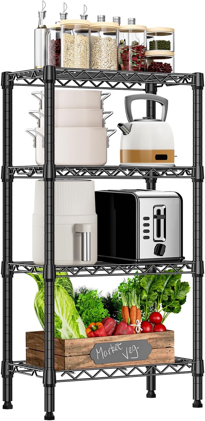 1000 lbs 4 Tier Shelf Metal Storage Shelves Wire Rack Closet Organizers with PP Board for Garage Kitchen Bathroom Laundry Black 11.8" D x 21.7" W x 39.5" H