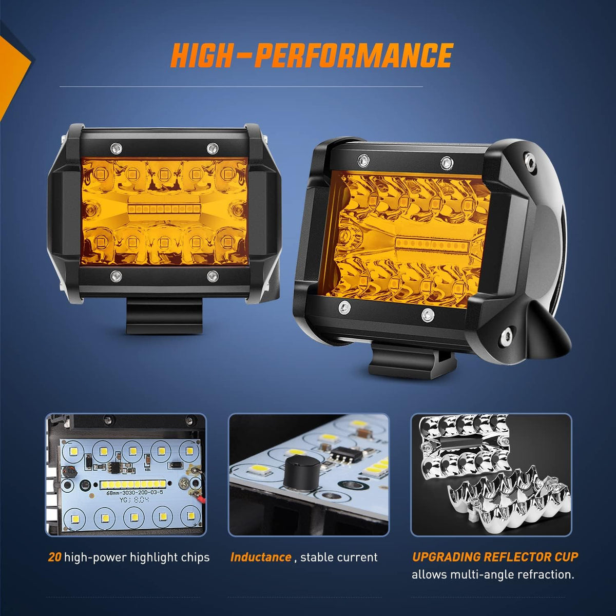 Nilight 2PC 4Inch Amber Led Pods Triple Row 60W Flood Spot Combo Driving Fog Lights with 16AWG Wiring Harness-2 Leads for Offroad Pickup Trucks Jeep ATV UTV SUV, 2 Years Warranty