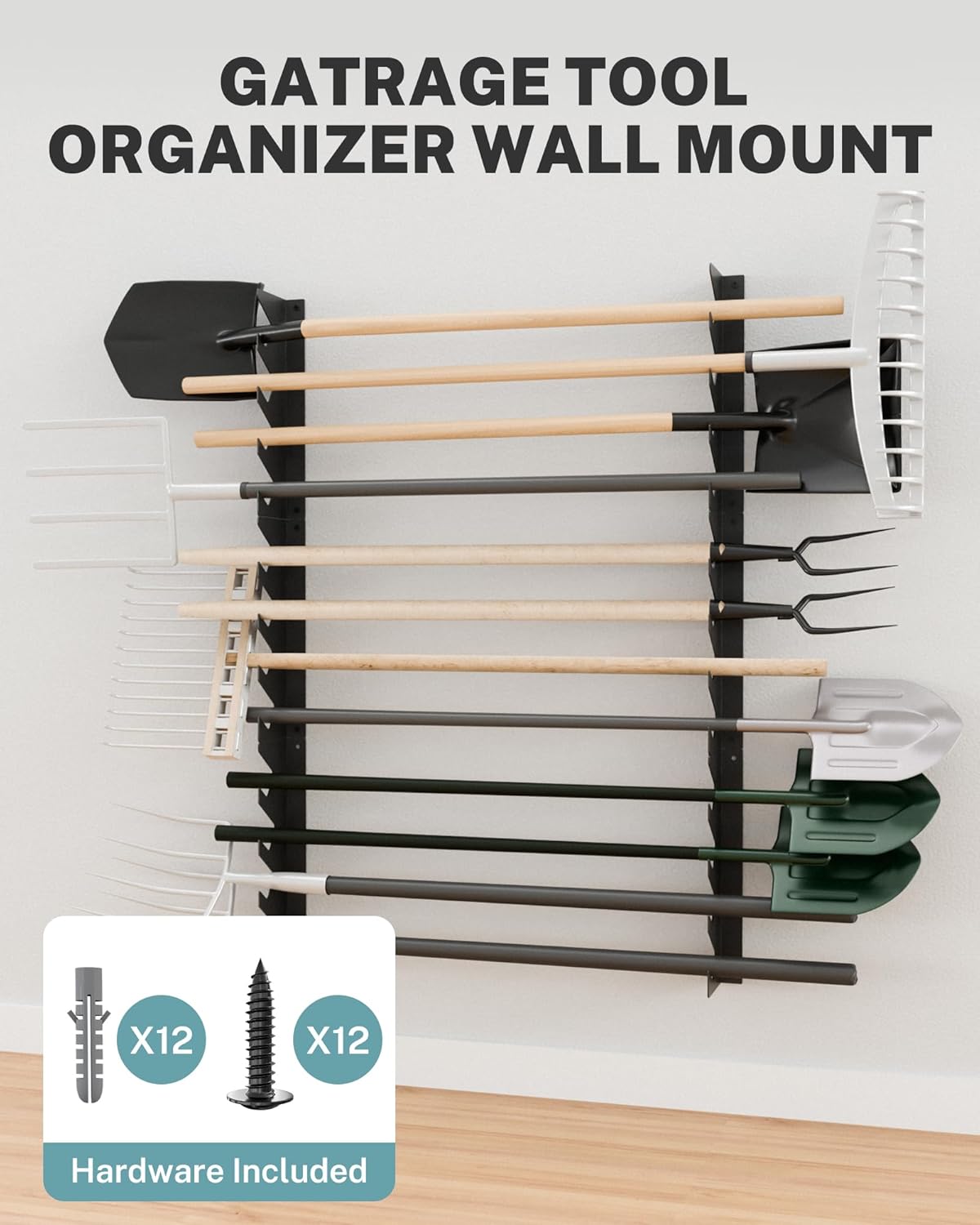 Garage Tool Organizer Wall Mount, Shed Yard Tool Organizer for Garage, Horizontal Organization Tool Racks for Walls, Shovels and Rakes, 3FT