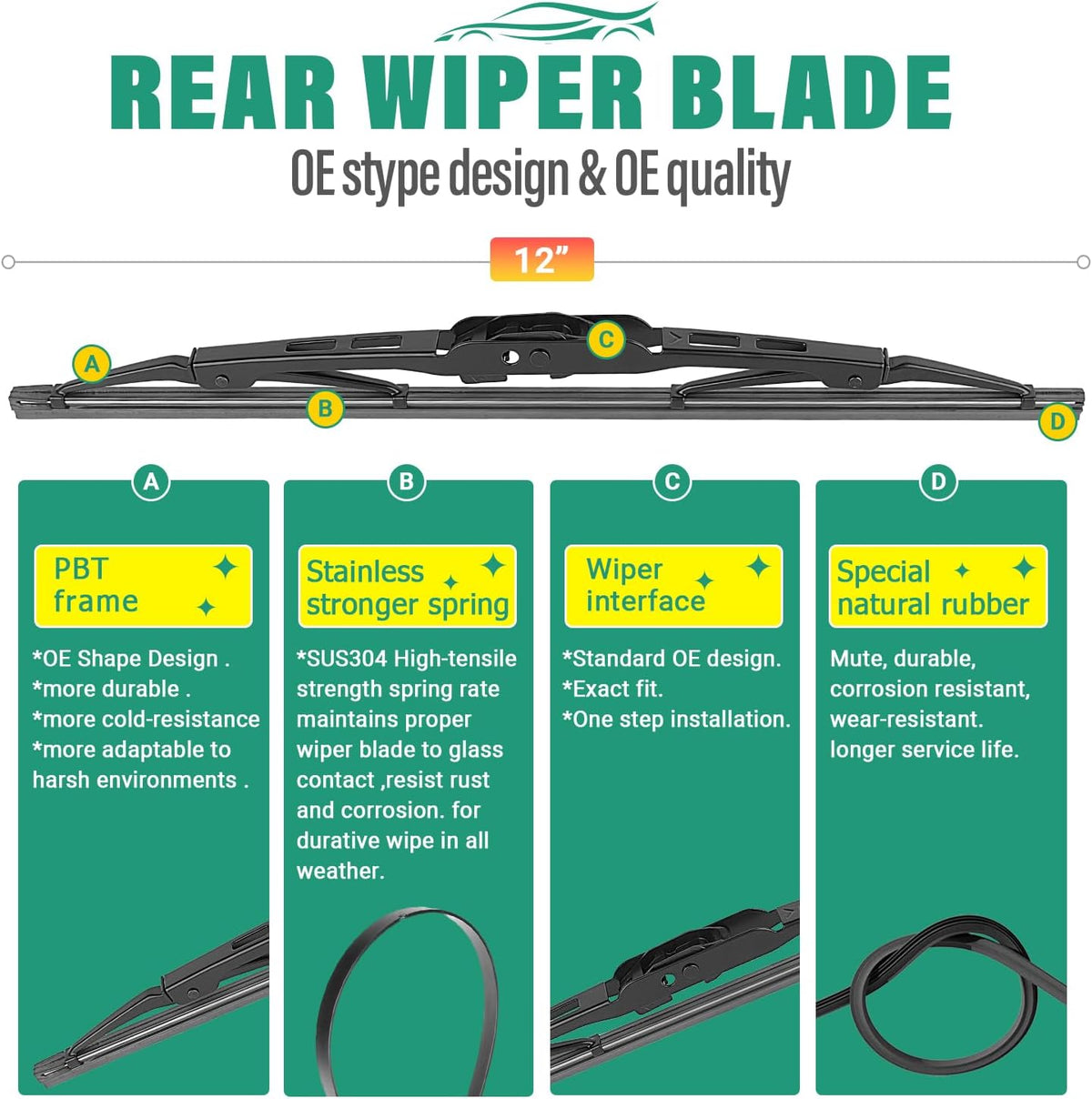 24" 16" 12" Windshield Wiper Blades Replacement for Hyundai Tucson 2005 2006 2007 2008 2009 Premium All Weather Front Rear Wipers Set - OEM Quality (Pack of 3)