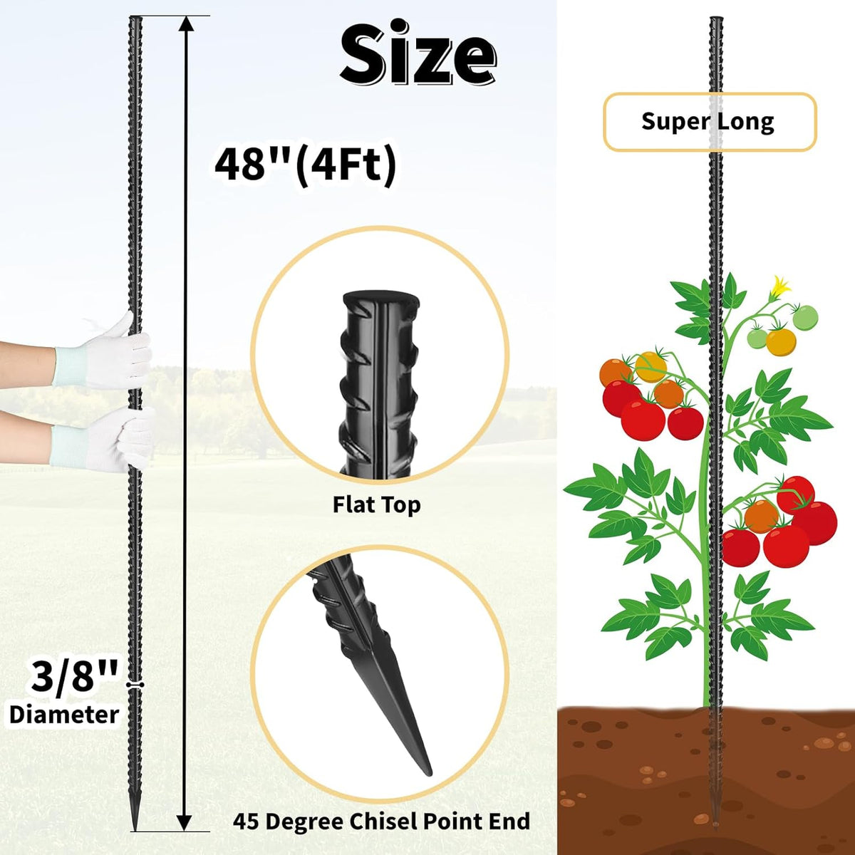 Rebar Stakes 48 inches 16-Pack Concrete Form Stakes Straight 3/8" Diameter Rebar Ground Metal Stakes for Landscaping, Securing Fence, Garden Plants Support, Survey Markers and Securing Trees