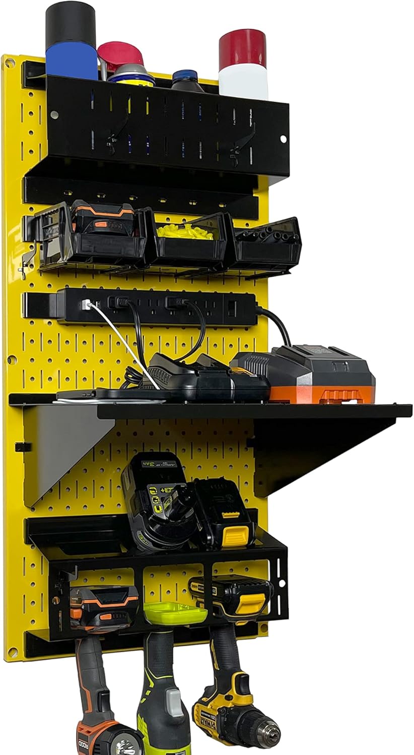 Wall Control Power Tool Storage Organizer Kit Cordless Drill Holder Charging Station Rack 16” x 32” Metal Pegboard Organization System (Yellow Pegboard)
