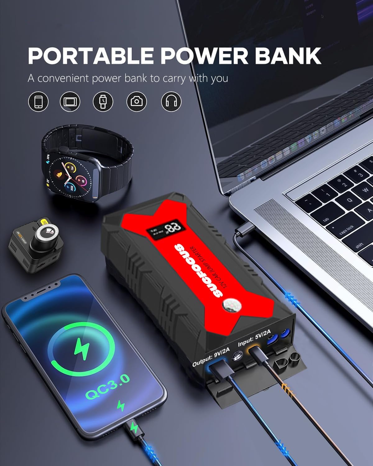 Car Battery Jump Starter, 2500A Battery Jumper Starter Portable (for 8.0L Gas or 7L Diesel Engine), Jump Box, Jump Start Battery Pack with Jumper Cables, LED Light, USB QC3.0 (Red)