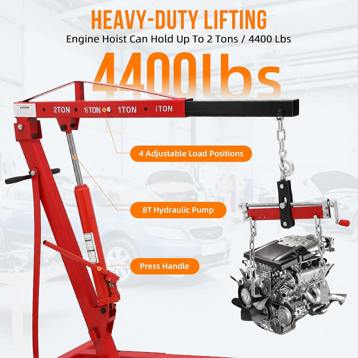 2 Ton Folding Engine Hoist with Lever, Cherry Picker Shop Crane Hoist Lift, 4400 Lbs Heavy Duty Steel Hydraulic Shop Engine Crane for Workshop and Garage, Red