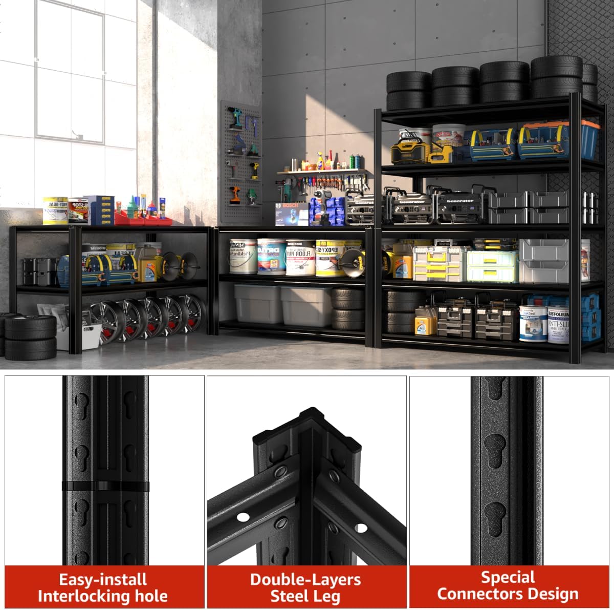 84" H x 55.12" W 5 Tier Metal Garage Shelves, 3000 LBS Heavy Duty Adjustable Storage Shelving Unit for Warehouse, Basement, Kitchen, Store Display, Flower Stand, Office, Classroom, 23.62" D