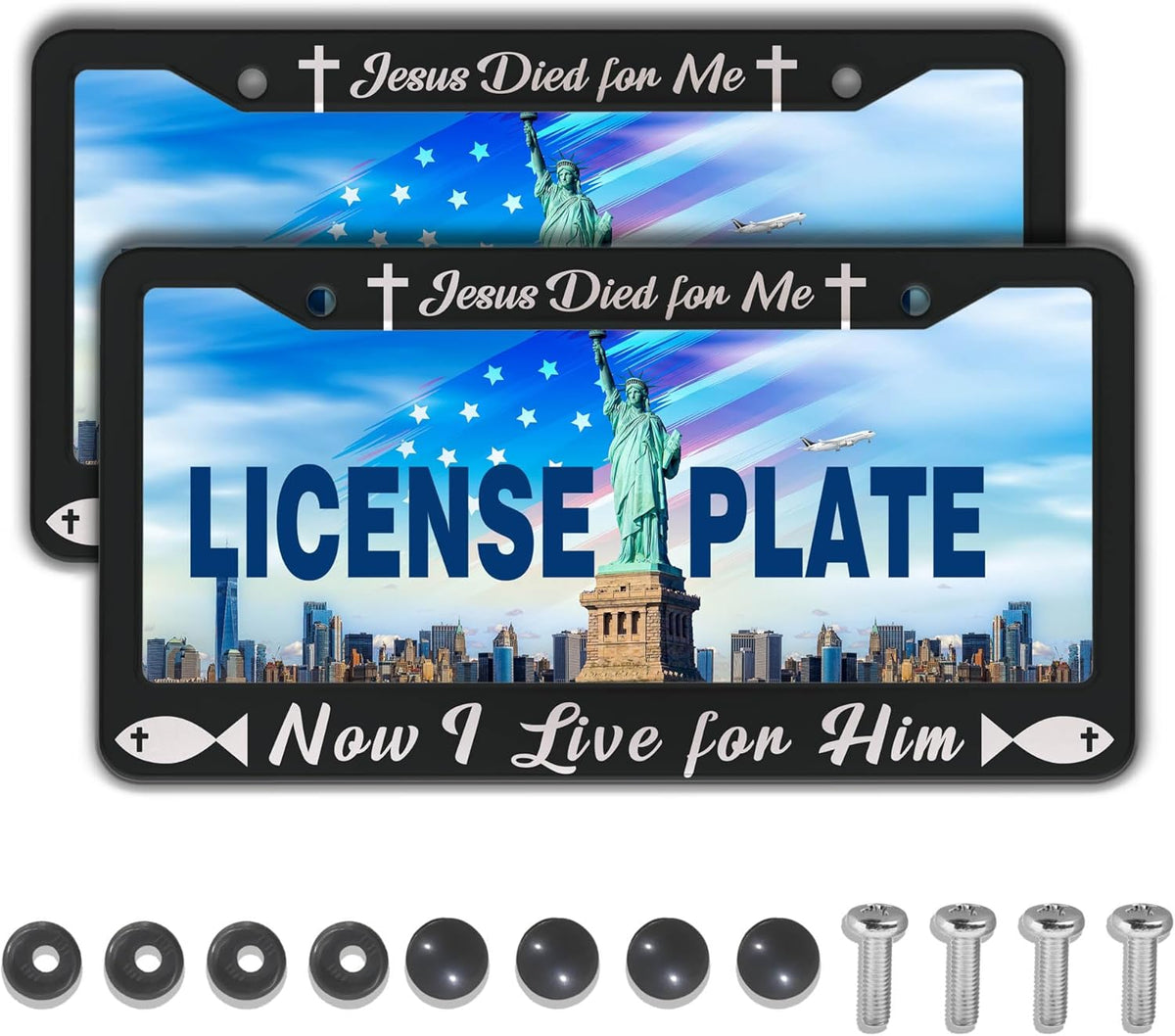 License Plate Cover Black and White License Plate Frames Jesus Died for Me Now I Live for Him Aluminum Metal Car Accessory 2 Pack with Screw Covers Set