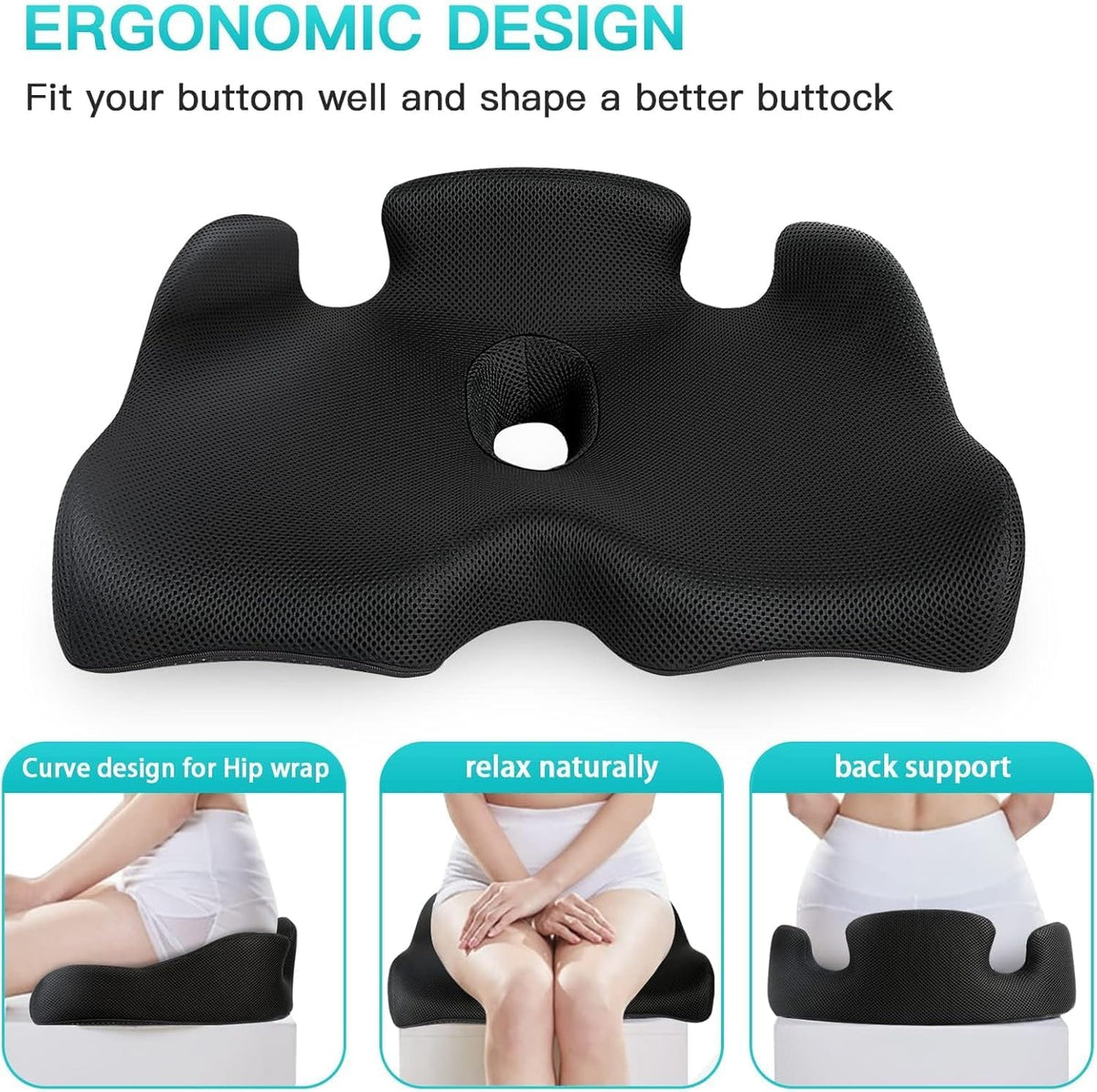 Benazcap X Large Memory Seat Cushion for Office Chair Pressure Relief Sciatica & Tailbone Pain Relief Memory Foam Firm Coccyx Pad for Long Sitting, for Office Chair, Gaming Chair and Car Seat Upgrade