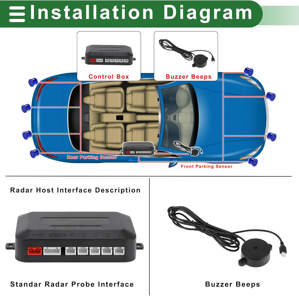 Motoforti Universal Car Auto Vehicle Reverse Backup Radar System Reverse Parking Sensors Alarm Buzzer Reminder Distance Detection Dark Blue 2 Parking Sensors