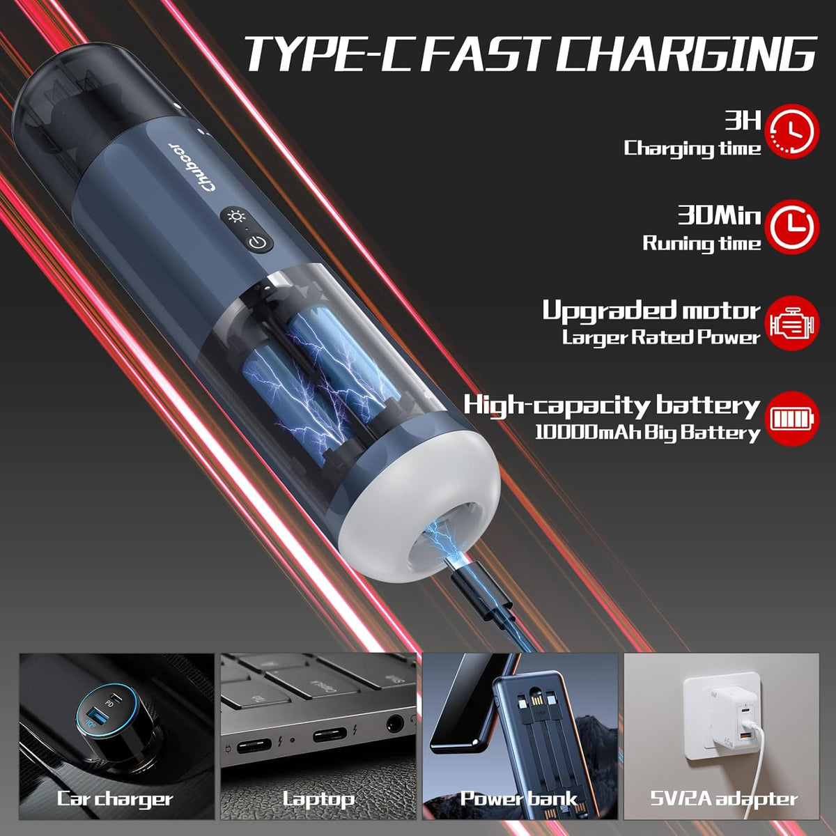 Chuboor Car Vacuum Cleaner High Power Cordless Rechargeable, 16000PA Powerful Handheld Vacuum, Portable Mini Vacuum with LED SOS Light, Small Hand Held Vacuuming Cordless, Dust Busters(P16-Blue)