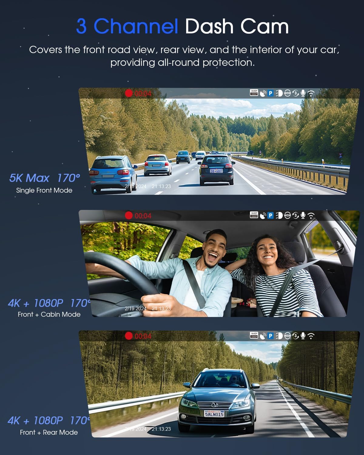5K 3 Channel Dash Cam, Wi-Fi GPS with 64GB Card, 4K+1080P+1080P Front and Rear Inside Triple Car Camera with 3'' IPS Screen, IR Night Vision, Voice Control, 24H Parking Monitor, 512GB Max