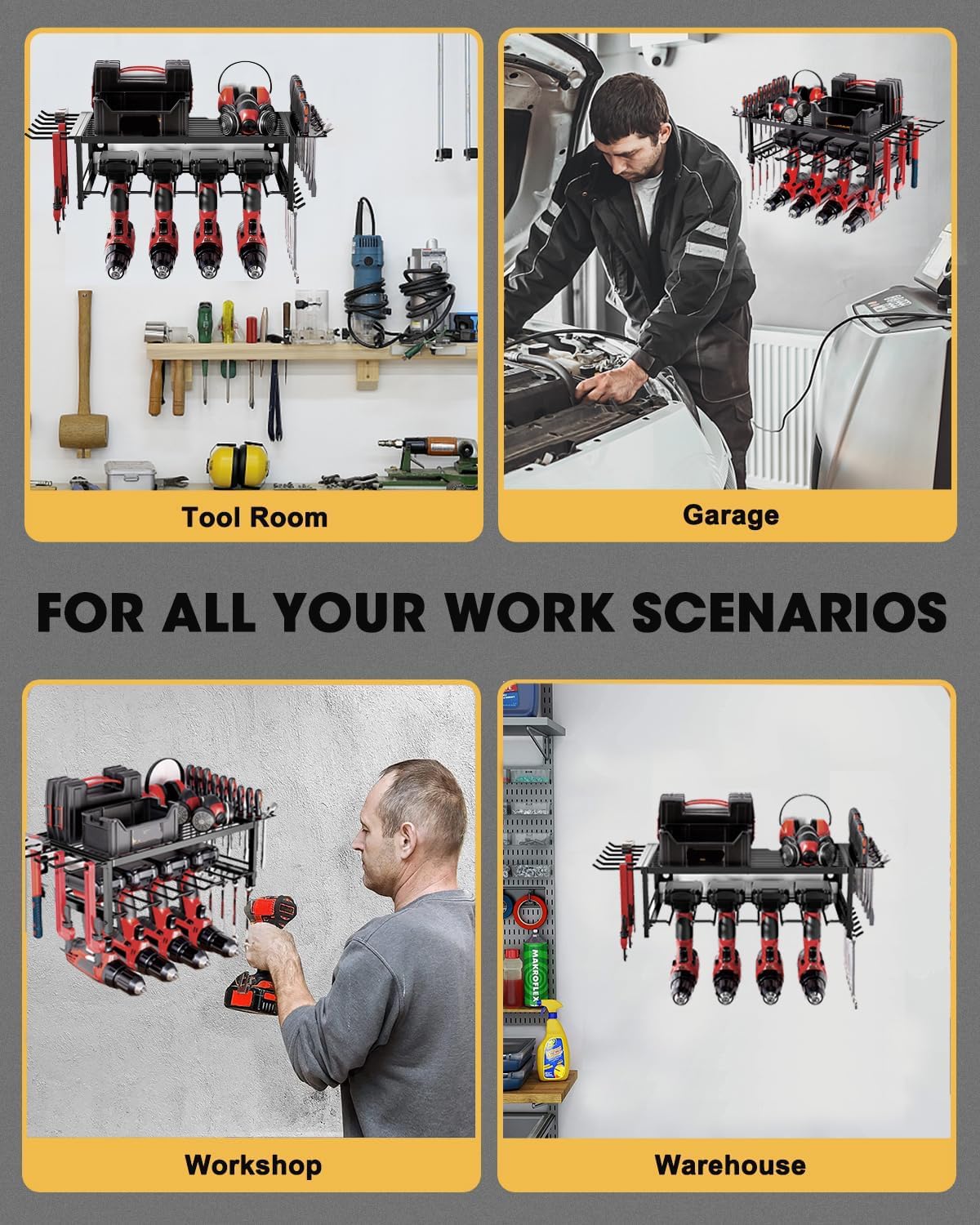 Power Tool Organizer, Garage shelving 2 Layers Garage Tool Organizers 4 Drill Holder Wall Mount, and Heavy Duty Metal Tool Shelf with Screwdriver Holder/Plier Holder/Hammer Holder (Black, 2 Layer)