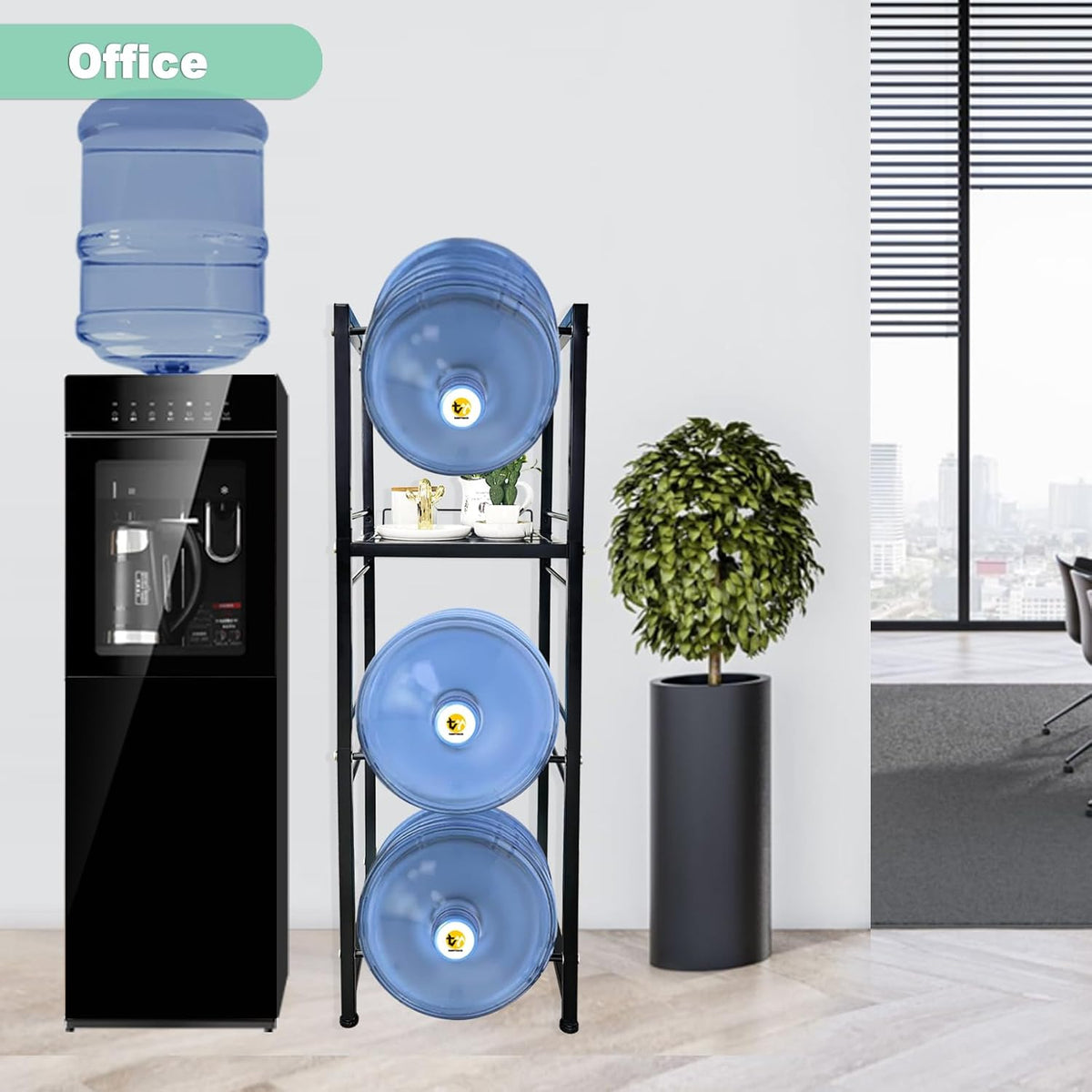 5 Gallon Water Jug Holder with 3-Tier Storage Shelves - Heavy Duty Stand with Fast Flow Spout - Fits 55mm Water Bottle - For Kitchen, Living Room, Office - Black