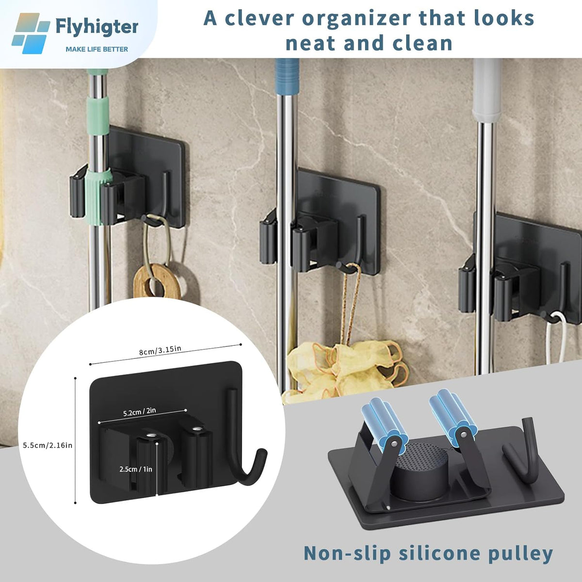 Stainless Steel Mop Holder Wall Mount – 4 Pack Heavy-Duty Broom Organizer with Strong Grip, Adhesive or Nail-Free Glue Installation for Bathroom, Kitchen, Garage