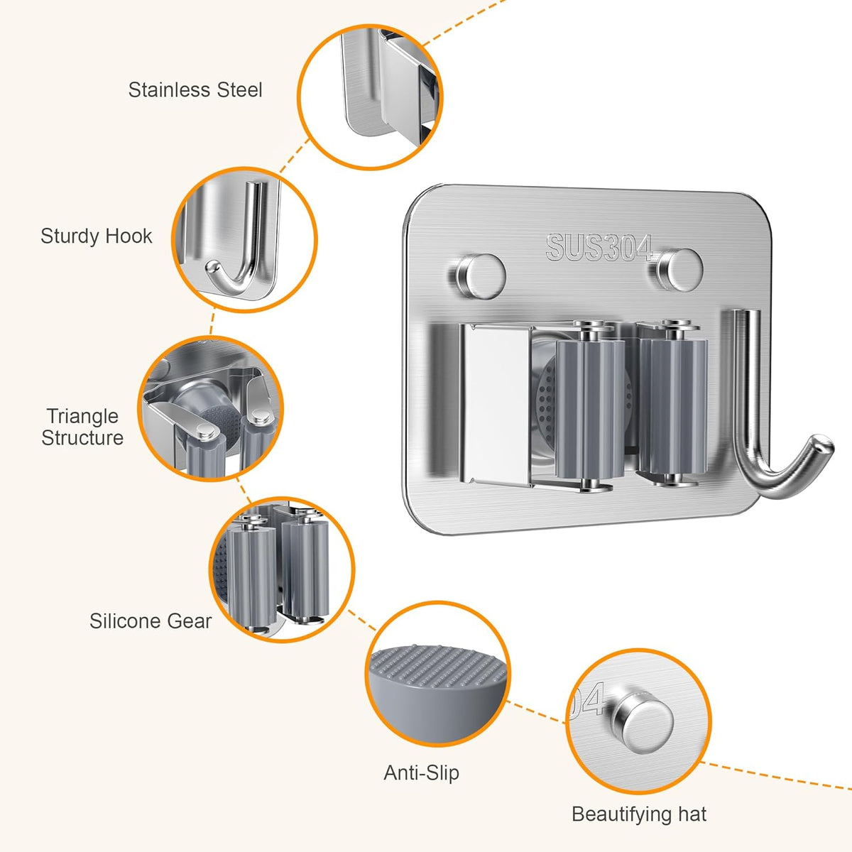 4 Pack Stainless Steel Mop and Broom Holder Wall Mount with Hook, Screw Drilling Mop and Broom Hanger, Single Heavy Duty Storage Rack for Laundry Garage Closet Garden Tool Organizer, Silver