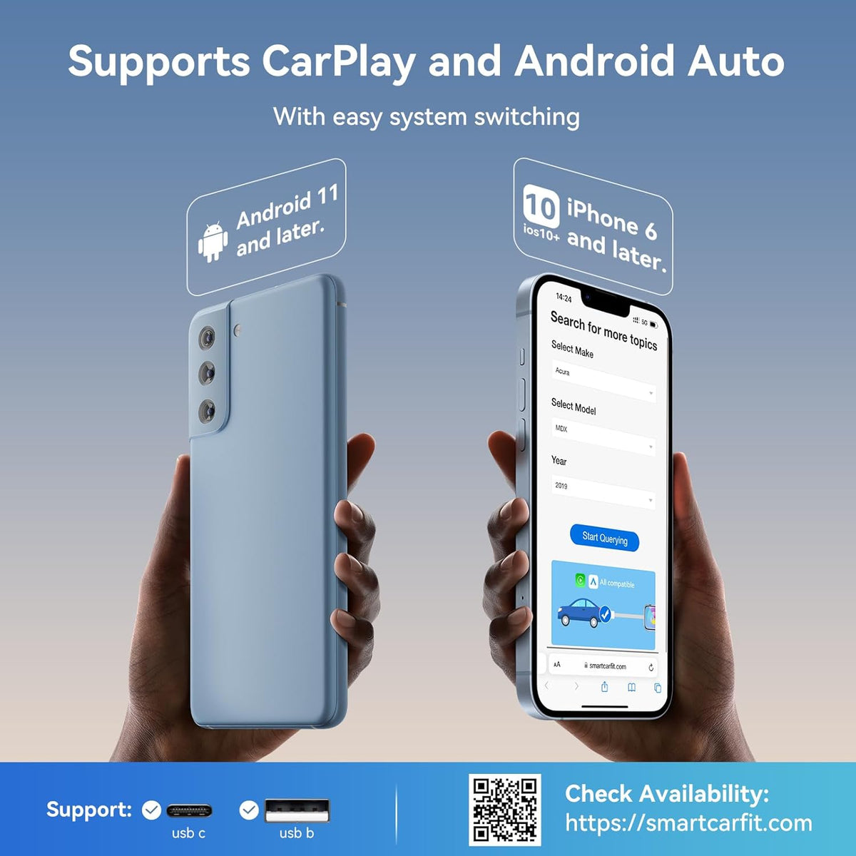 Wireless CarPlay Adapter for iPhone, 2 in 1 Wireless CarPlay and Android Auto Adapter Converts Factory Wired to Wireless, Plug and Play Car Play Adapter with Stable Control and No Delay