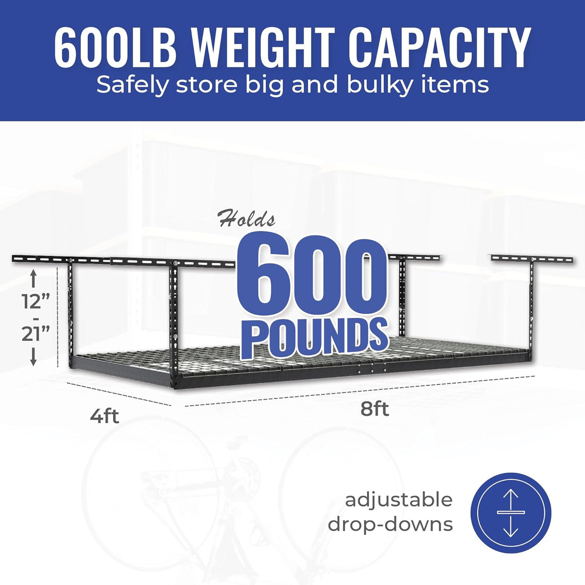 SafeRacks Overhead Storage Rack - Heavy Duty, 600 lb Capacity, Adjustable, Ceiling Mount for Garage 4x8 Hammertone (12"-21")