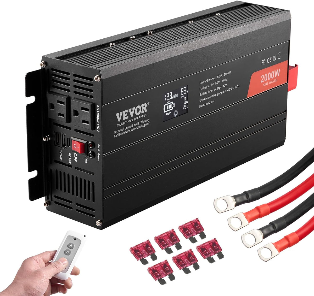 VEVOR Pure Sine Wave Inverter, 2000 Watt, DC 12V to AC 120V Power Inverter with 2 AC Outlets 2 USB Port 1 Type-C Port, LCD Display and Remote Controller for Medium-Sized Household Equipment, CE FCC